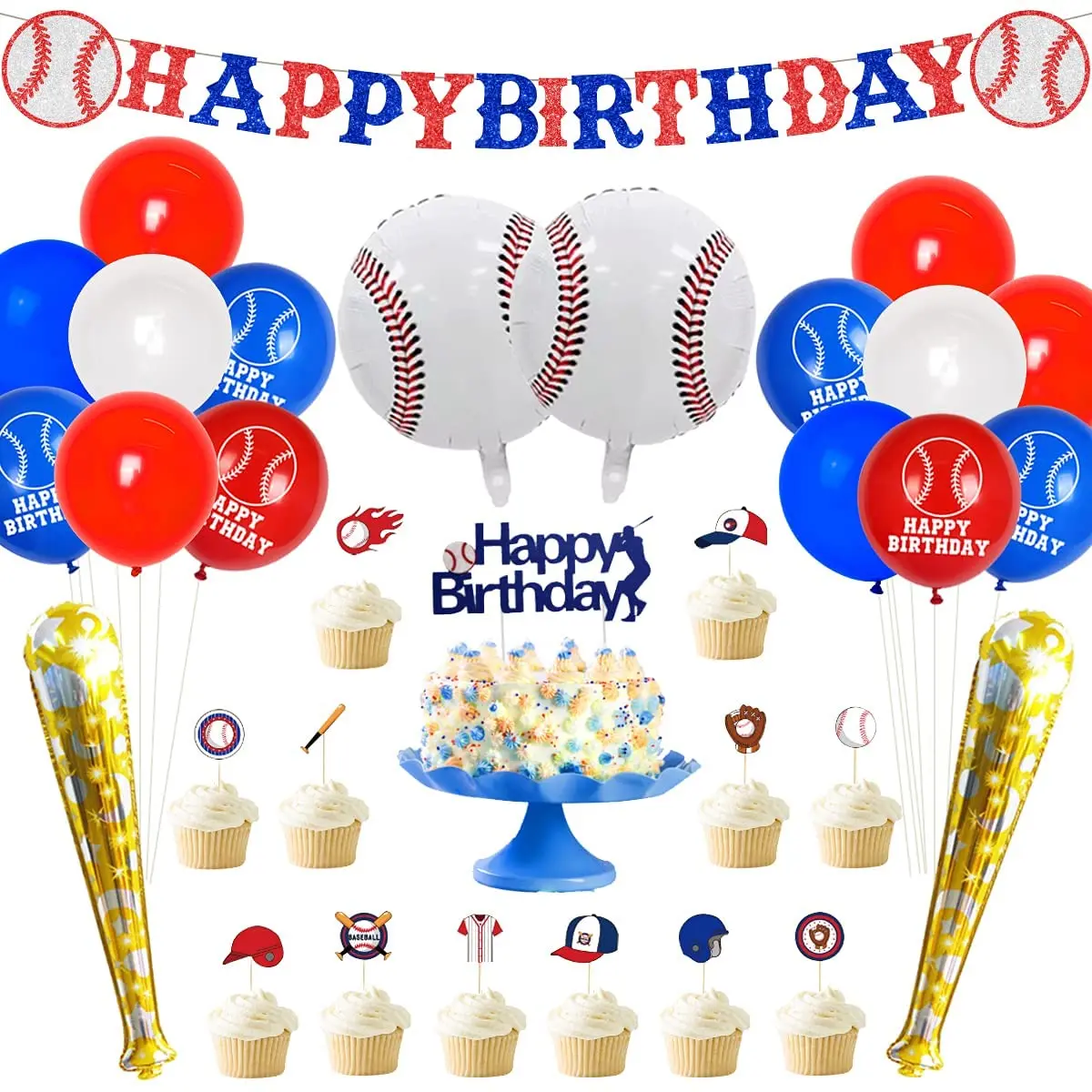 

Baseball Party Decorations for Boys, Baseball Bat Balloons, Birthday Banner, Cake Toppers, Sports Supplies