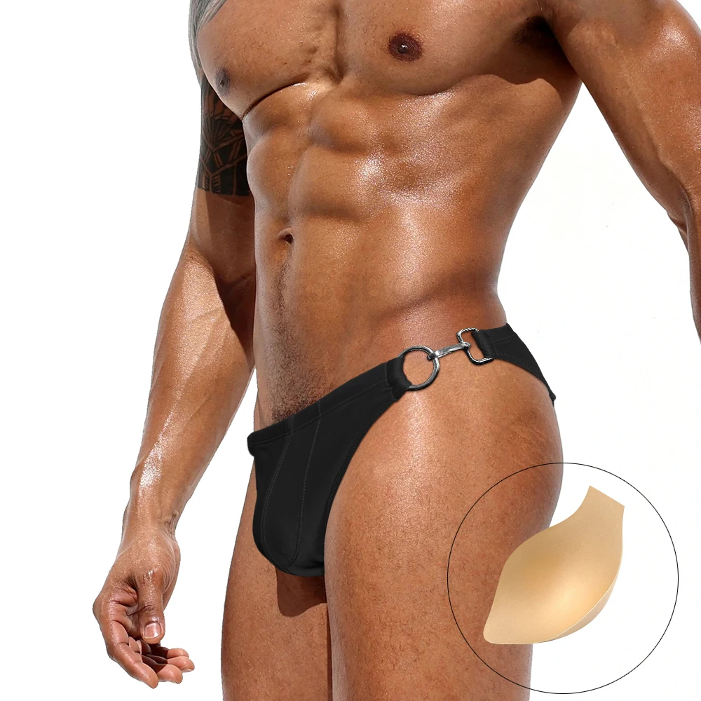 Metal Lock Sexy Mens Pouch Pad Swimwear Summer Beach Quick Release Swim Briefs Low Waist Bikini Trunks Nylon Sport Bathing Suit