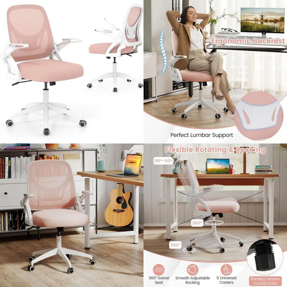 

Ergonomic Swivel Desk Chair with Adjustable Height, Flip-Up Armrests, and Lumbar Support in Pink
