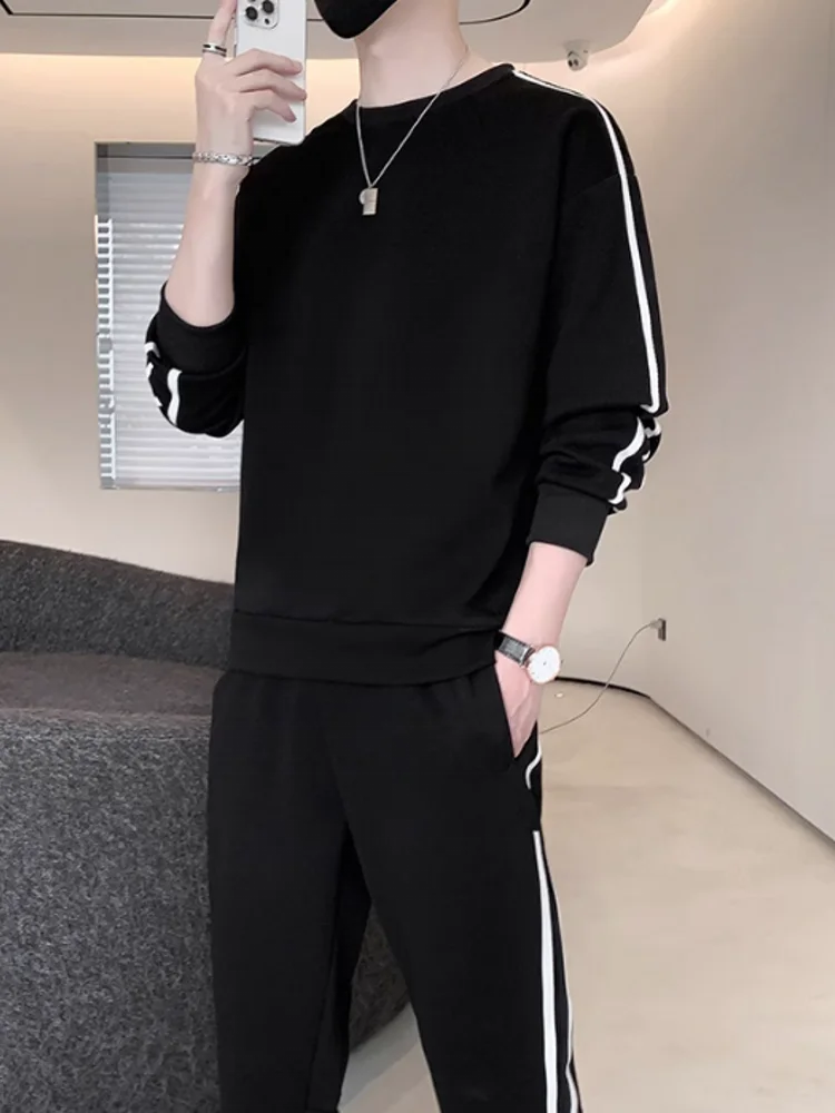 Mens Side Striped Two Piece Outdoor Running Set Thick Warm Fleece Liner Sports Tracksuit O Neck Pullover Sweatshirt Pants Sets