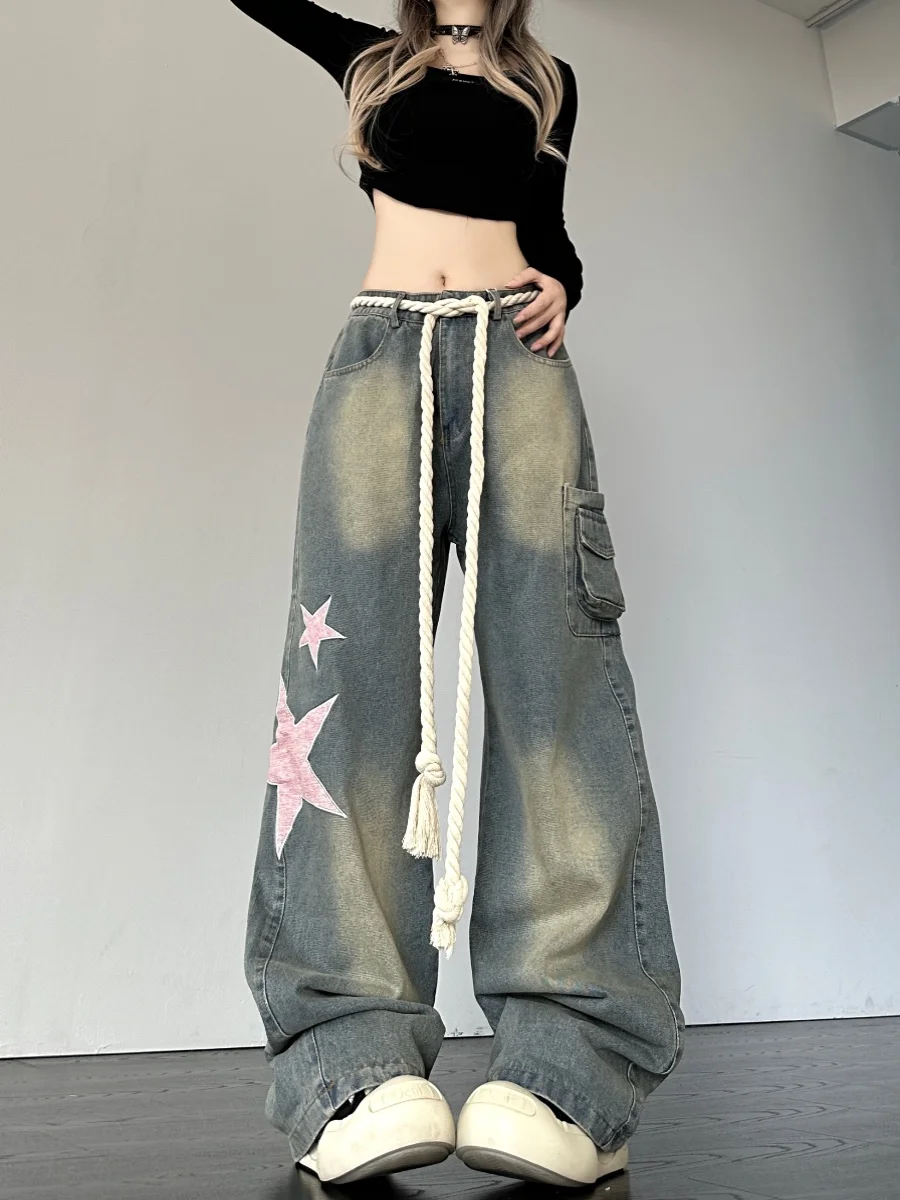 Women\'s American Retro Blue Lace Up Star Hot Girl Y2K Design Sense Denim High Street Loose Wide Leg Straight Leg Pants