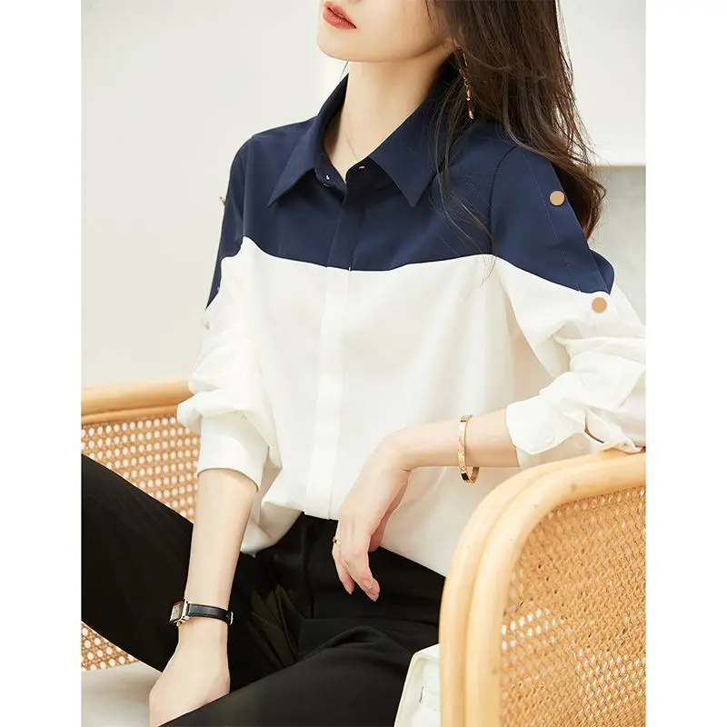 Spring Autumn Women\'s Pullover Turn-down Collar Rivet Patchwork Solid Button Long Sleeve T-shirt Office Lady Fashion Casual Tops