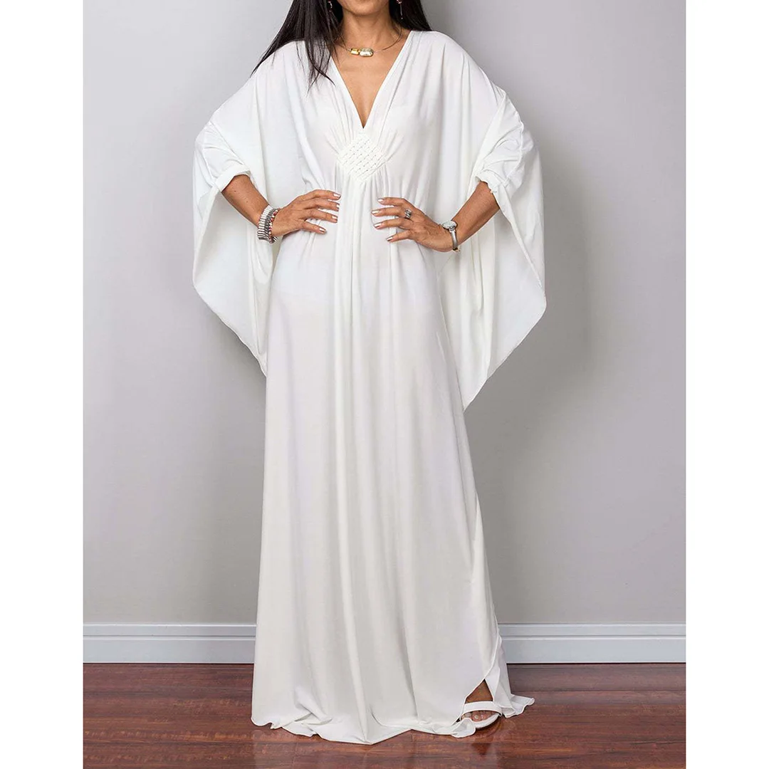 Langes Kleid im Stil einer griechischen Göttin, Tunika mit Fledermausärmeln, Strandkleid, Strandtuch, Strandmode, Kaftan, Maxikleid V4427 – Detail 11