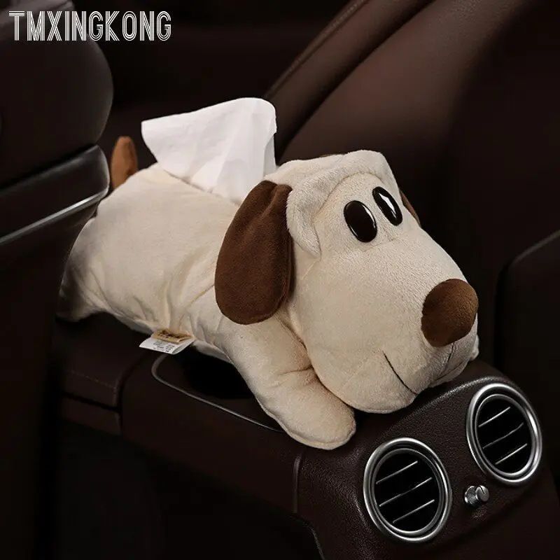 Cartoon Dog Plush Car Tissue Box Holder Cute Stuffed Animal Paper Napkin Cover Case for Vehicle Armrest Center Console Home