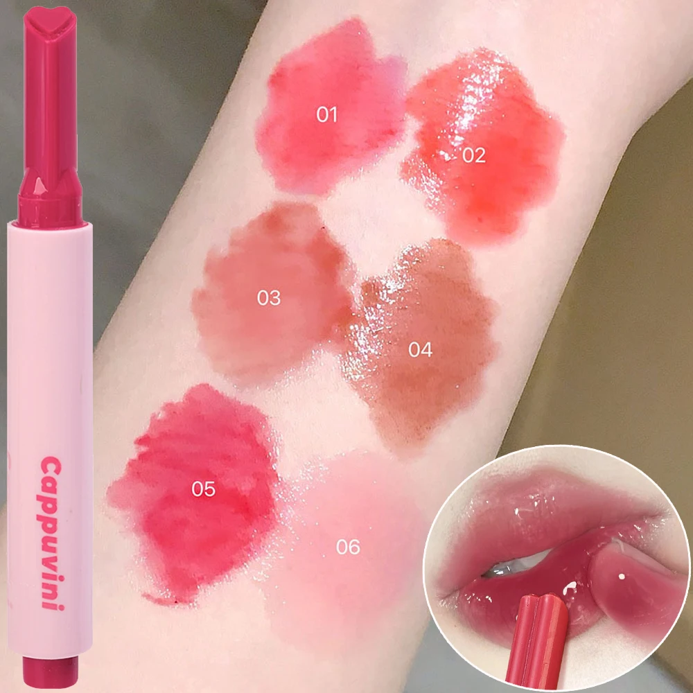 Brillo de labios sólido acuoso de larga duración, lápiz labial en forma de corazón ligero de agua, aceite transparente, esmalte de labios de gelatina, tinte coreano, maquillaje hidratante