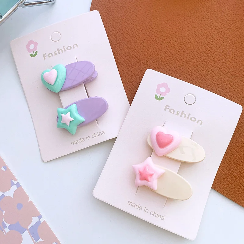 2 Pcs Cute Sweet Cream Star Heart Girl Small Fresh Color Hairpin Simple Personality Bangs Clip Edge Clip Hairpin BB Clip