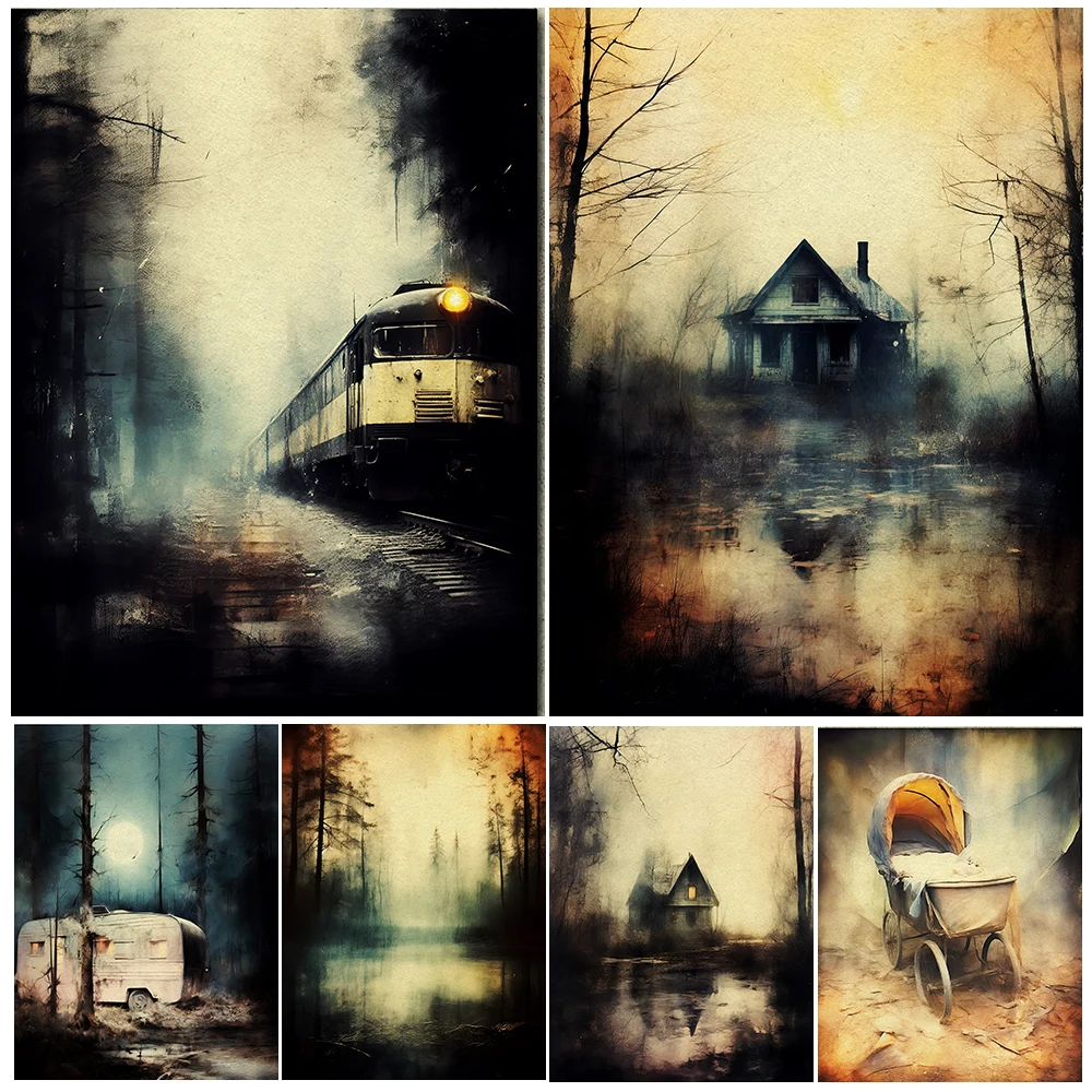 Creepy Haunted House And Campervan,Vintage Wall Art Canvas Painting, Scary Forest Ghost,Gothic Art Poster Print, Home Decoration
