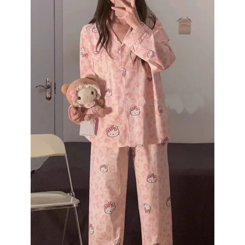 Cute Sanrio Hello Kitty Pink Pajamas Sets For Women Spring Autumn Long Sleeve Sleepwear Korean Fashion Home Wear Clothes Anime