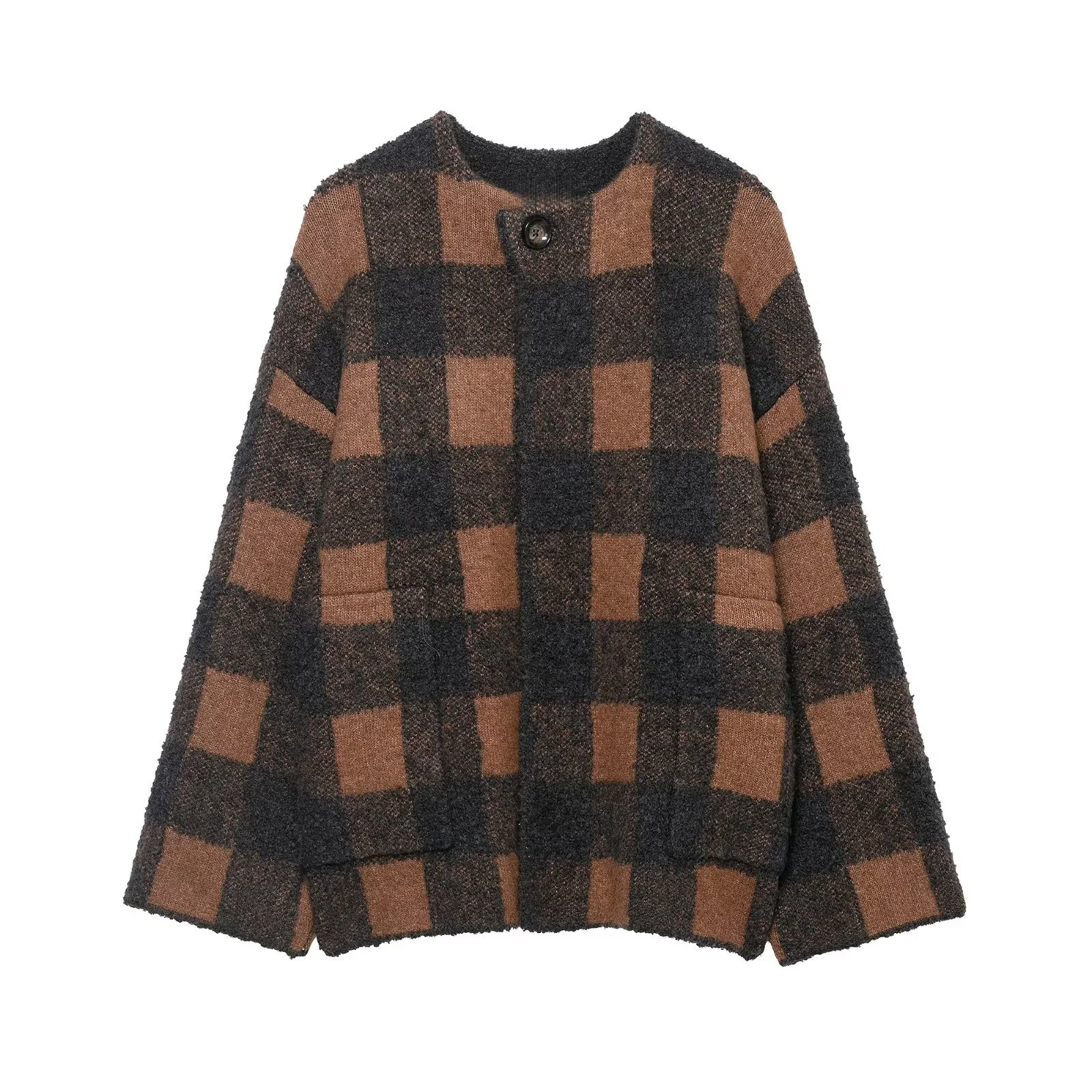 

2025 Winter New Women's Casual Fashion Simple Sweet Loose Round Neck Long Sleeve Plaid Knit Cardigan Coat