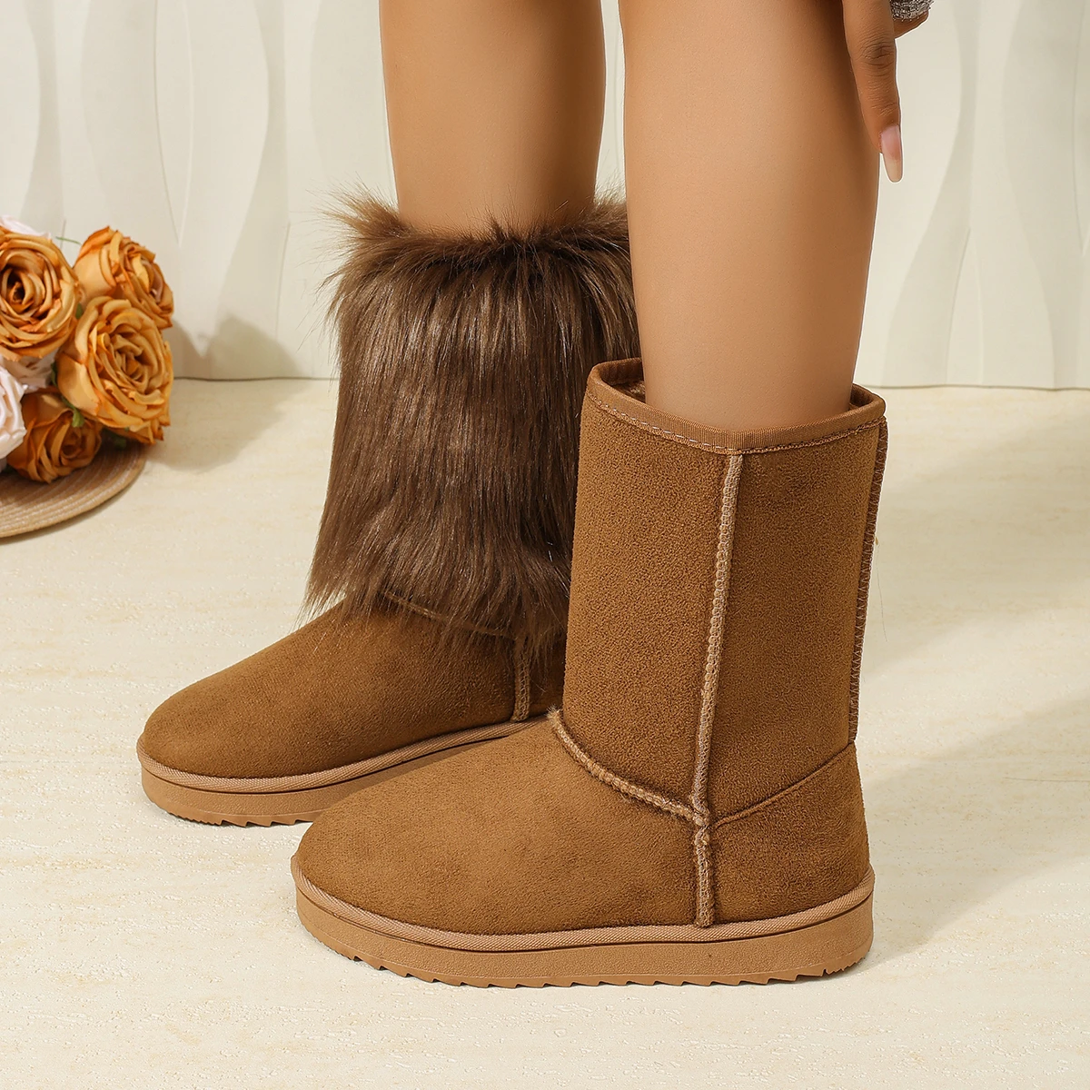 Luxury Fluffy Fur Thick Bottom Snow Boots Women Winter Removable Plush Leg Warmers Long Boot Woman Plus Size 44 Non Slip Booties
