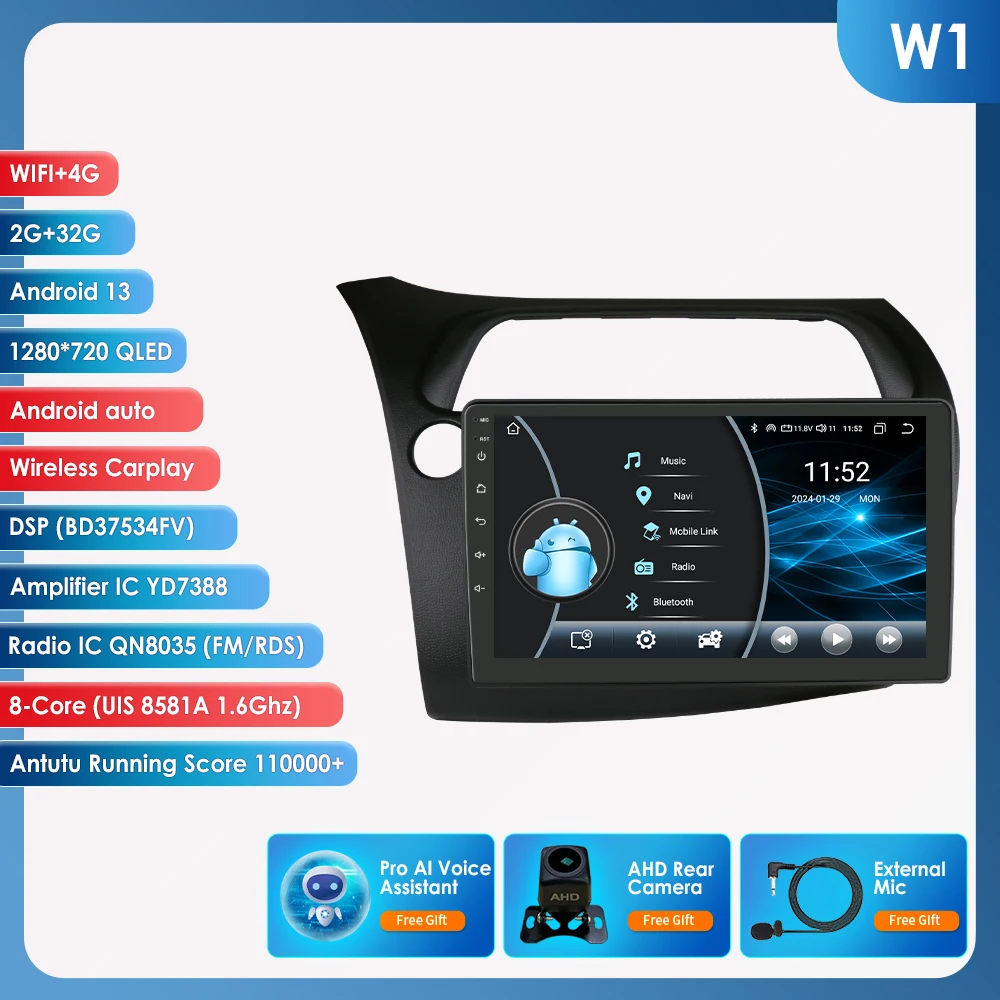 Android13 Autoradio Voor Honda Civic Hatchback 2005-2011 Auto Multimediaspeler Draadloze Carplay 4G-Let 2din Autoradio 360Camera