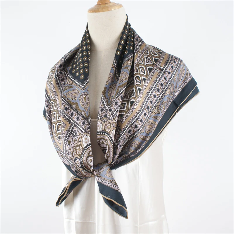 Vintage Prints 100% Silk Scarf Shawl Womens Fashion Elegant Silk Neckerchief Wraps 90*90CM