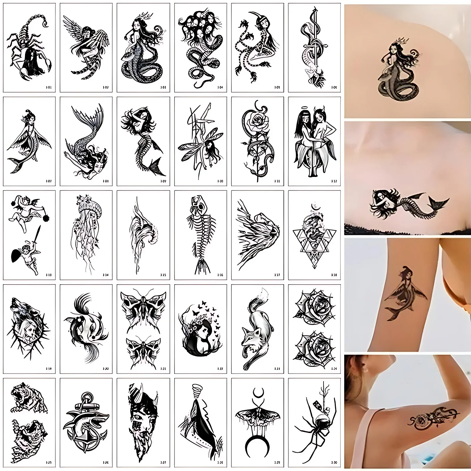 30pcs/set Tattoos Temporary Waterproof Spider Whale Scorpion Black Transfer Fake Tattoss for Women Men Wrist Hand Arm Neck Ankle