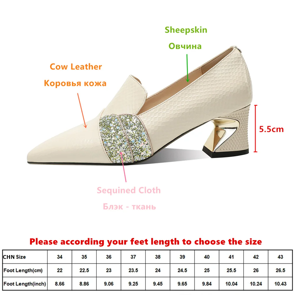 Aucegi New Design Fish Scale Genuine Leather Thick High Heels Women Pumps Sexy Pointed Toe Wedding Banquet Versatile Shoes