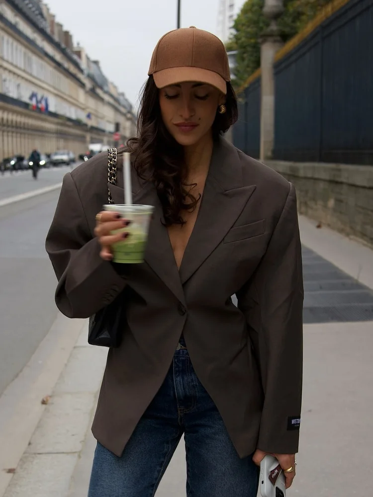 PB & ZAผู้หญิง2024ฤดูใบไม้ร่วง/ฤดูหนาวใหม่เสื้อสูทกว้างไหล่เอวMeladสีทึบCommuter Top