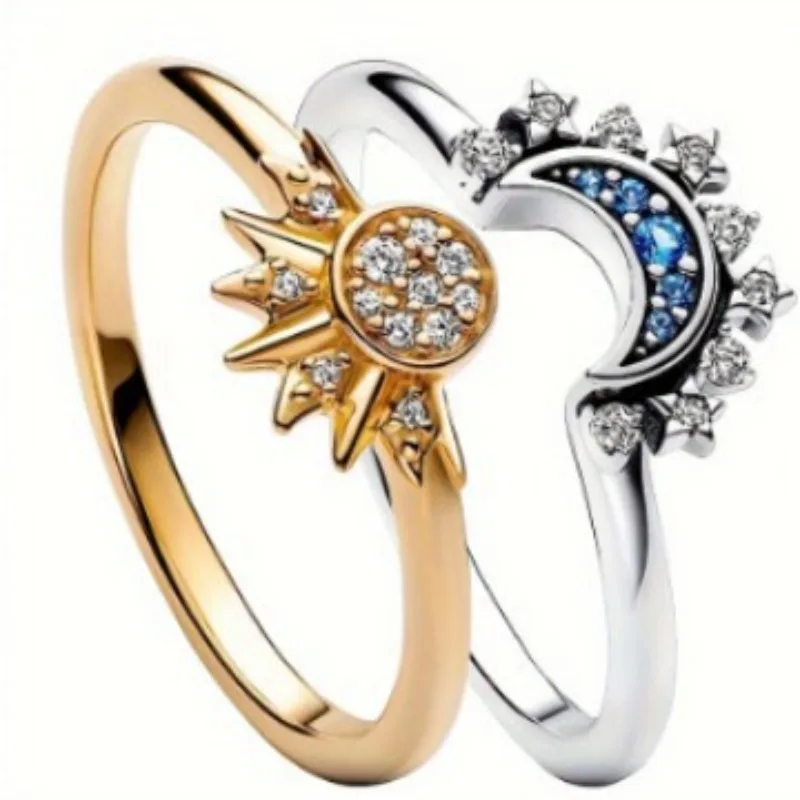 New Women's Ring Sun and Moon Stackable Copper Material Fashion Couple Ring Inlaid with Zircon Casual Luxury Shooting