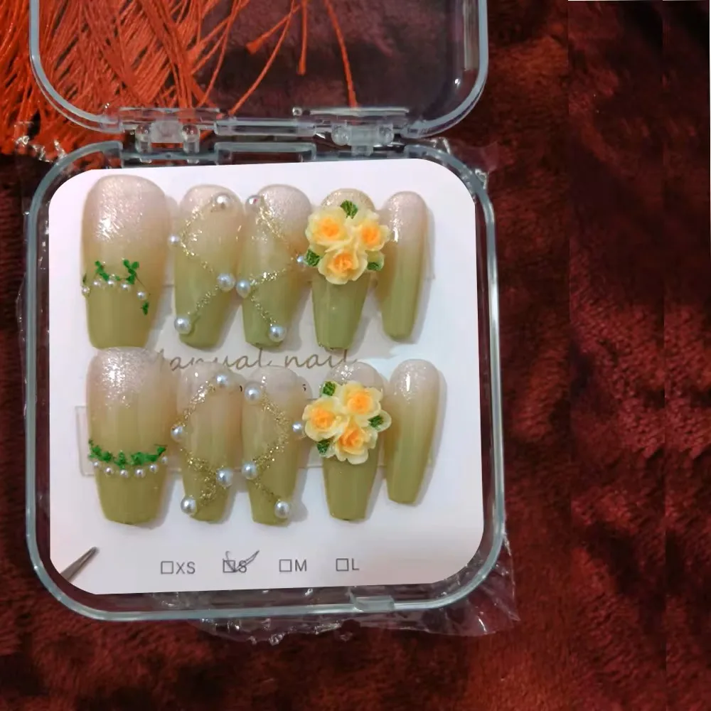 10Pcs High Quality Handmade Press on Nails Fresh Yellow Flowers Reusable Cute Nails The Little Princess Is Beautiful