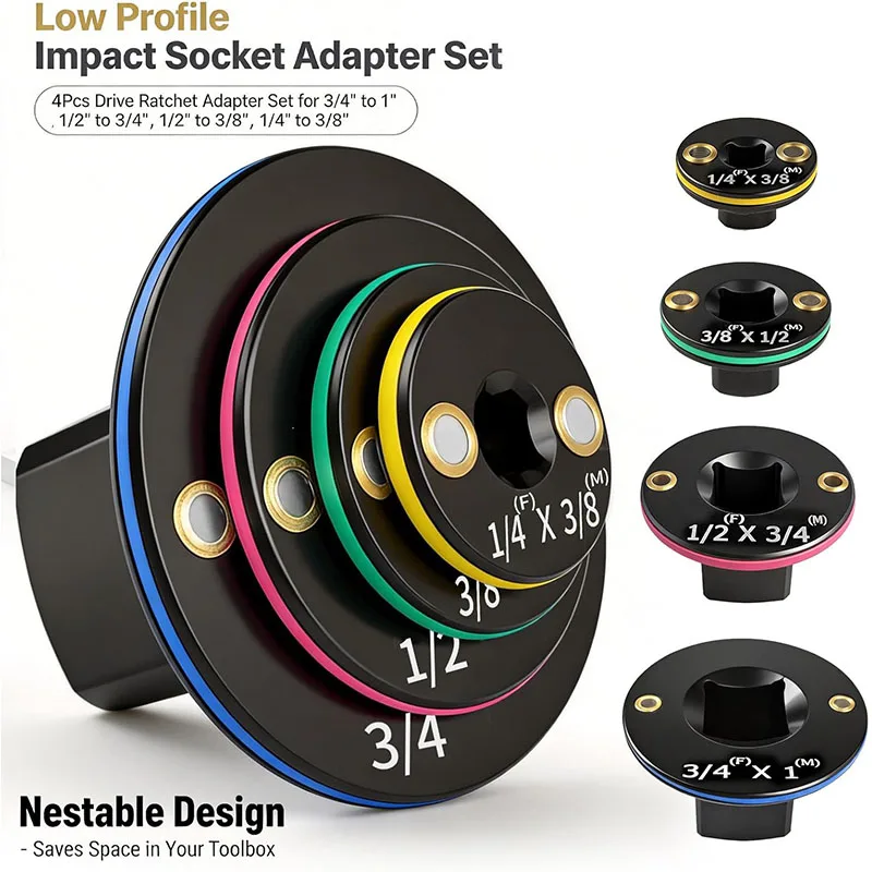 4Pcs Low Profile Impact Reducer & Adapter Set, Color Coded Cr-Mo Socket Converter for Auto & Moto Maintenance