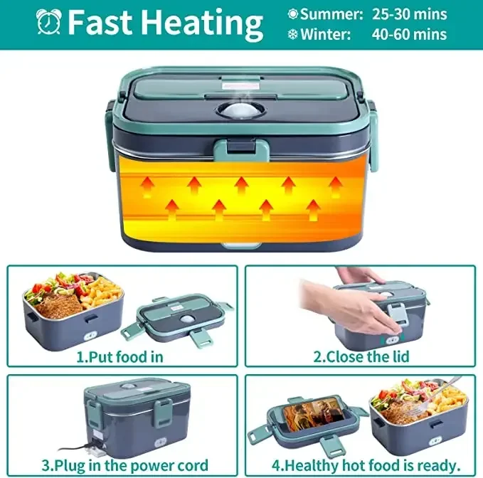 Electric Lunch Box 60W 12V 24V 110V Food Heated 1.8L Capacity Portable FoodJar For Car/Truck/Home Self Heating Box With 1.8L