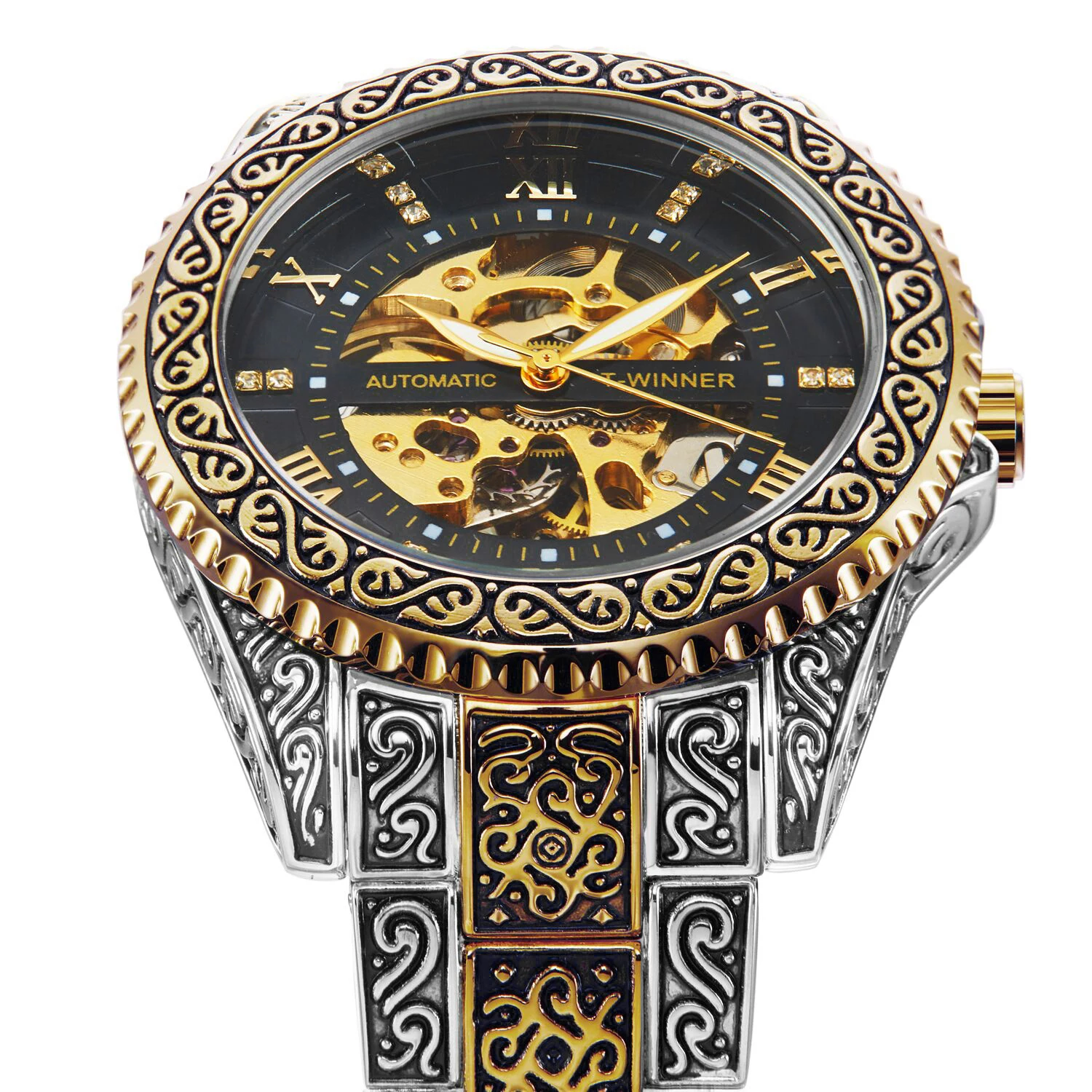 WINNER Royal Retro Skeleton Mechanical Watch for Men Rotating Bezel Luminous Hands Stainless Steel Strap Automatic Watches New