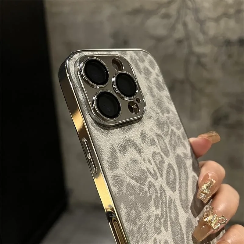 Funda de cuero de lujo con textura de leopardo para iPhone 17 Air 16 15 14 13 12 11 Pro Max Plus, con protección de lente, suave y a prueba de golpes 4