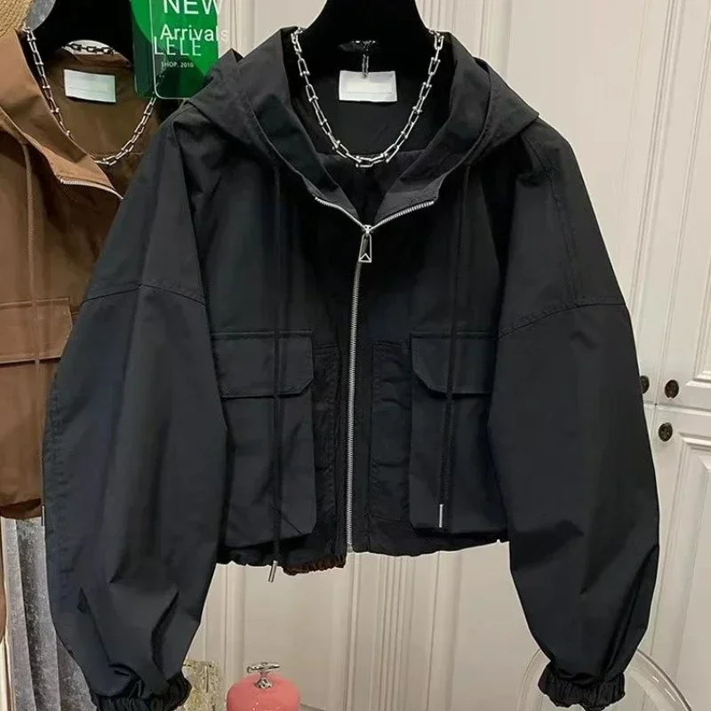 Moda coreana Harajuku giacca corta donna giacca a vento con cappuccio cappotto con Zip vestiti autunnali Y2k Vintage Streetwear Outwear