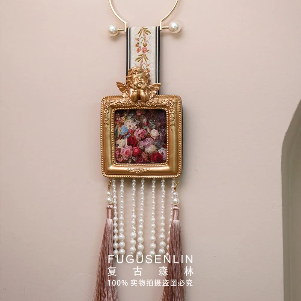 European-style Angel Relief Resin Photo Frame Vintage Classic Handmade Picture Frame Pearl Tassel Frame Wall Art Decor Craft