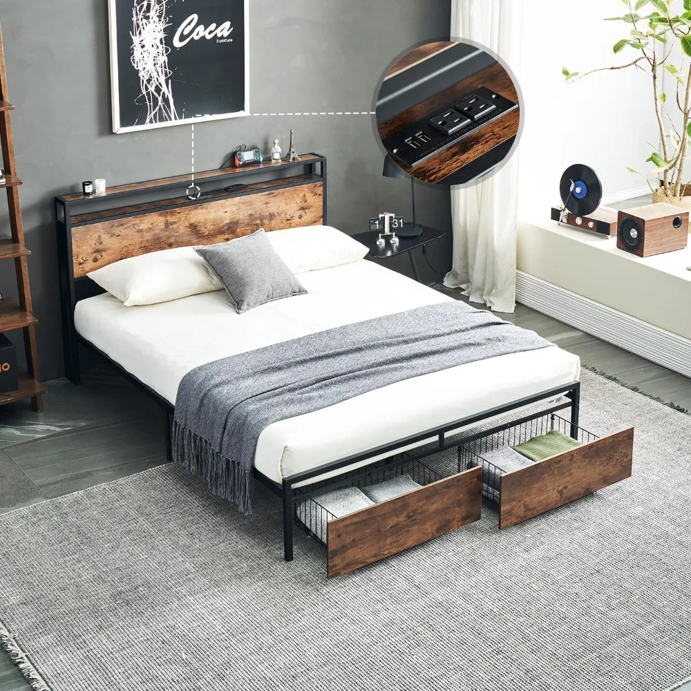 

Queen/Full/King Bed Frame with Charging Station, Platform Bed Frame with Storage Headboard and Drawers, Easy Assembly, Brown