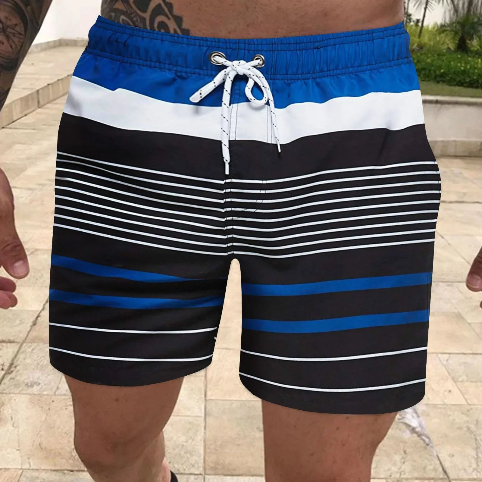 Shorts de tabuleiro listrado masculino, contraste de cor, calção clássico com cordão, fato de surf verão, moda