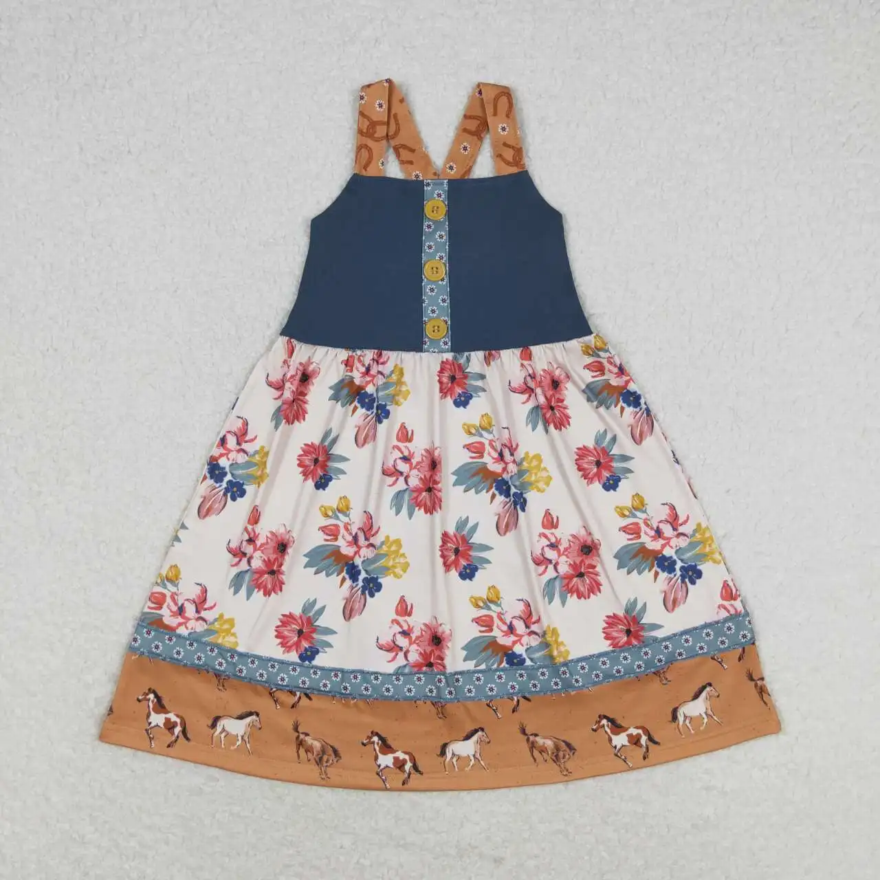 New Fashion Summer Baby Girls Floral Horse Pattern Suspender Dress Wholesale Children Skirt Clothes