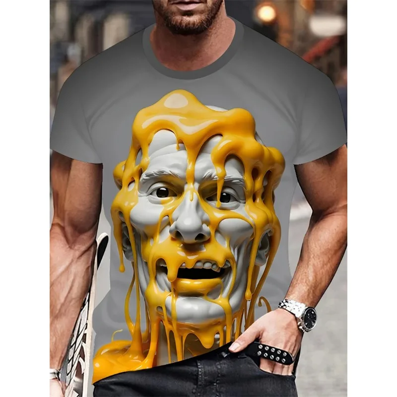 

2025 Мужская футболка с 3D цифровым принтом, ярко-желтая футболка с мультяшным лицом и графикой, Harajuku, забавная дизайнерская футболка для мужской одежды
