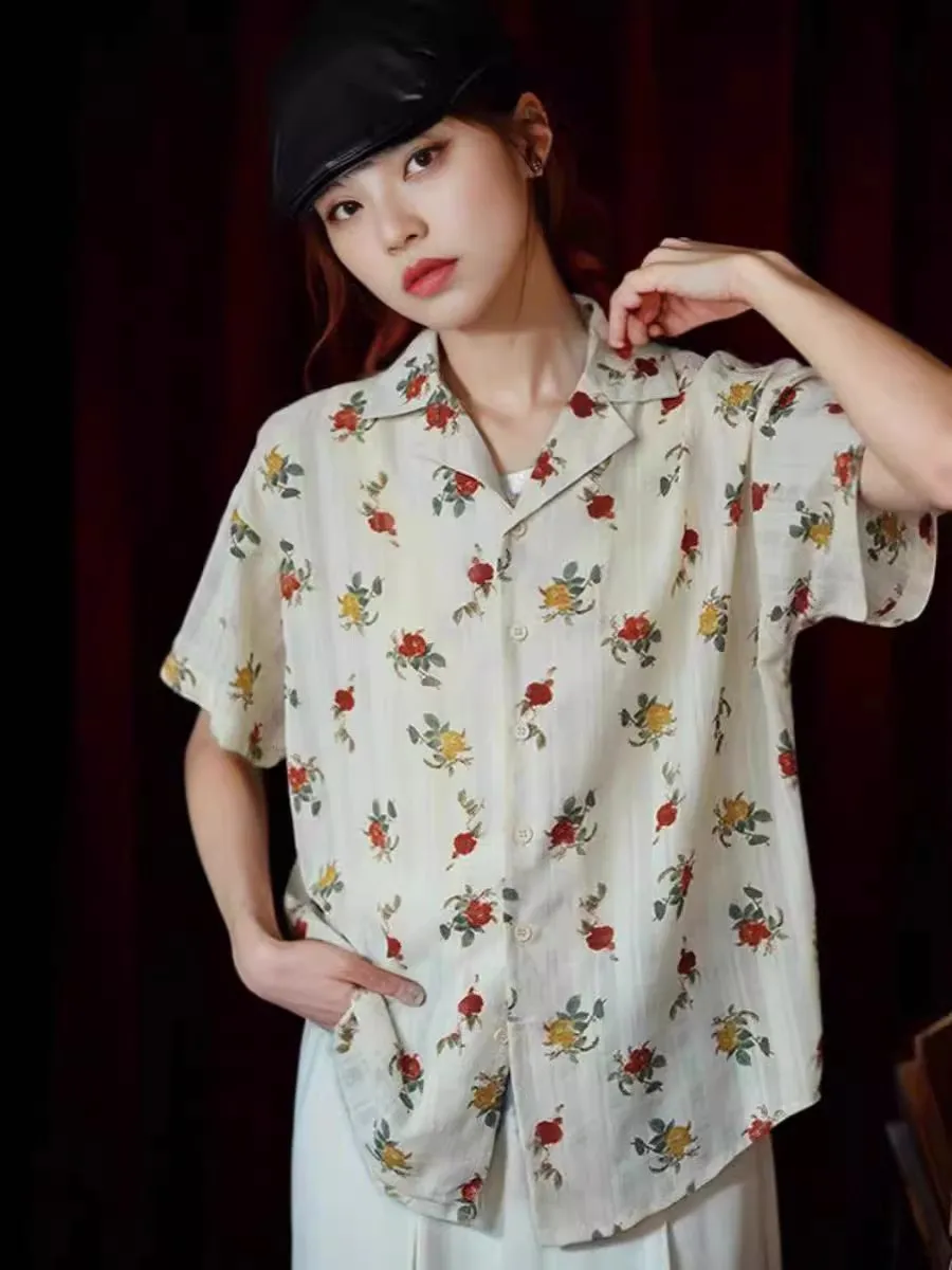 Summer French retro rose flower print short sleeved loose shirt for women