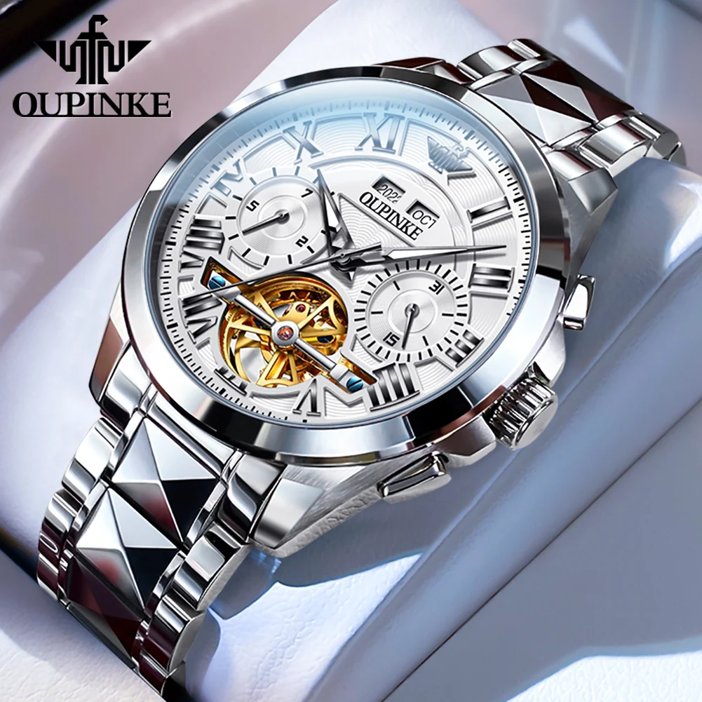 

OUPINKE 3236 Mens Watch Skeleton Fully Automatic Mechanical Watch﻿ 50M Waterproof Tungsten Steel Watches For Man Original Reloj