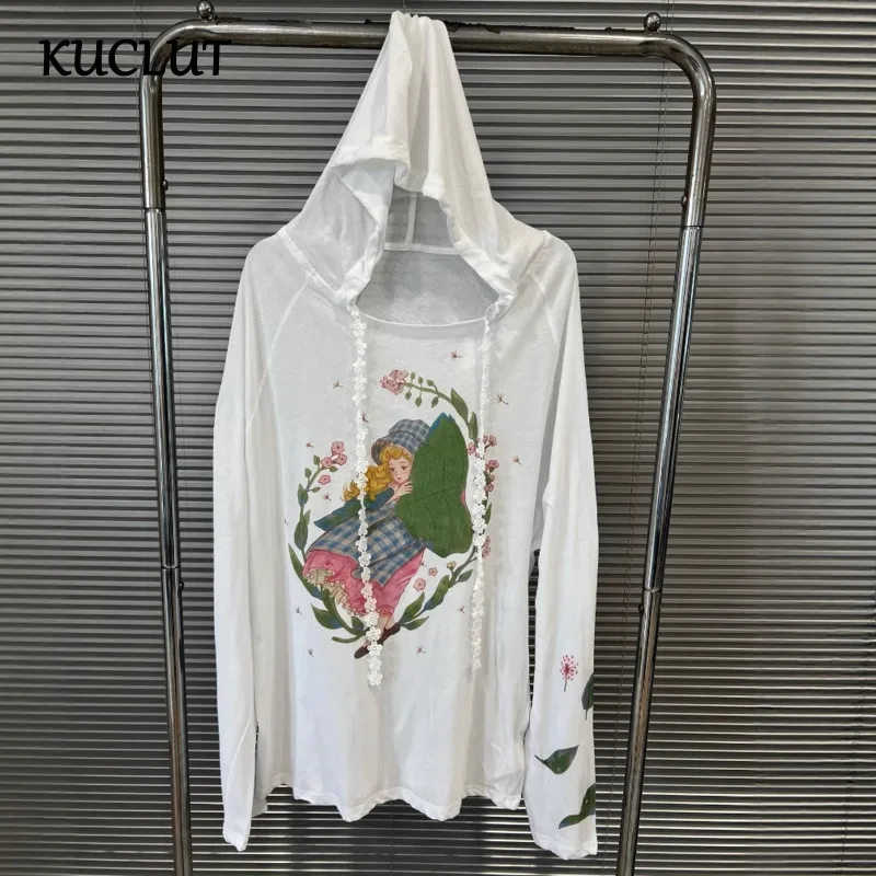 

KUCLUT 2025 Summer New Printed Sun Protection Hooded Long Sleeve Tops For Women Loose Casual Versatile T-shirts Female 1A282
