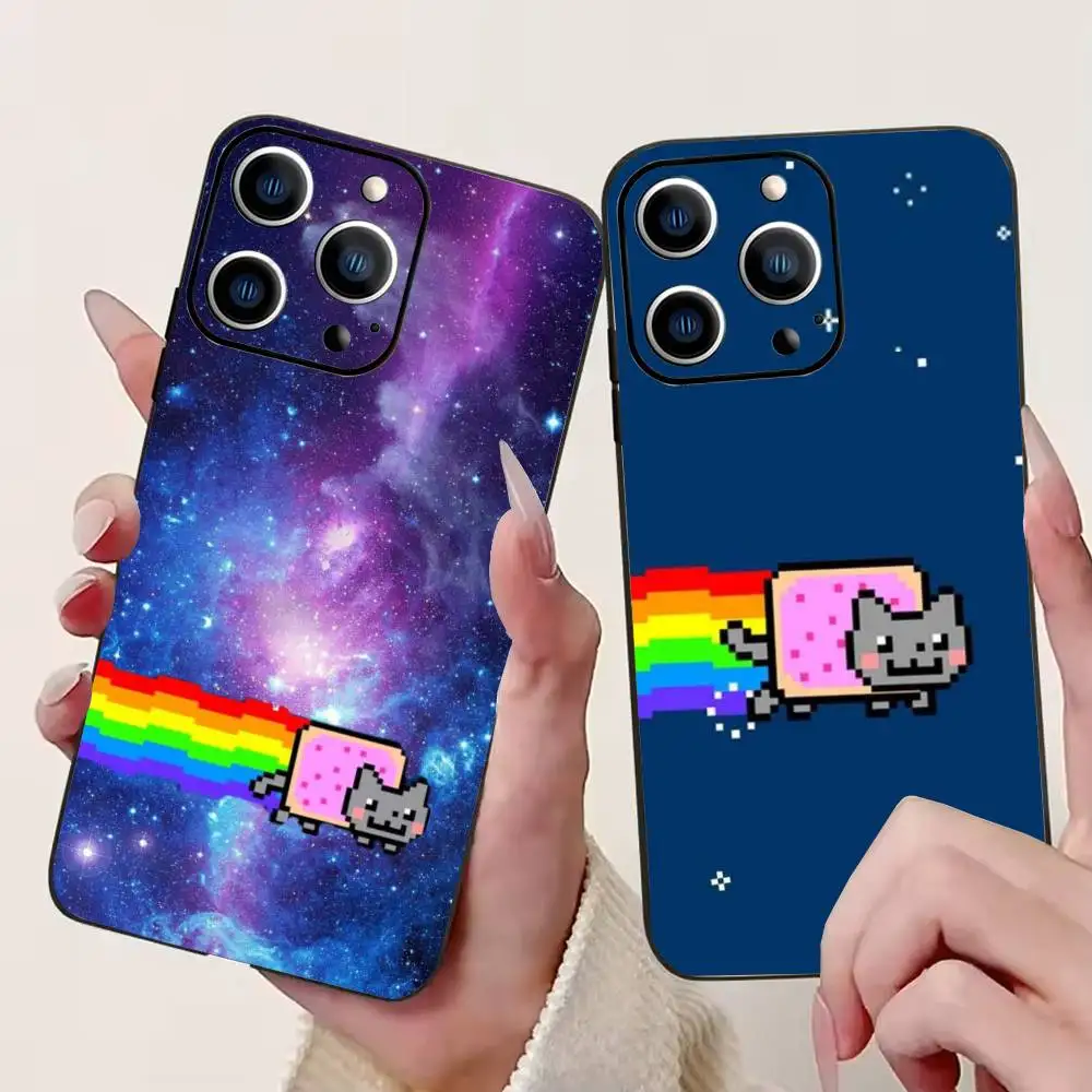 

N-Nyan Cat Cute Phone Case For iPhone 17,16,15,14,13,12,11 Plus,Pro Max,XS,Soft Silicone Black Cover