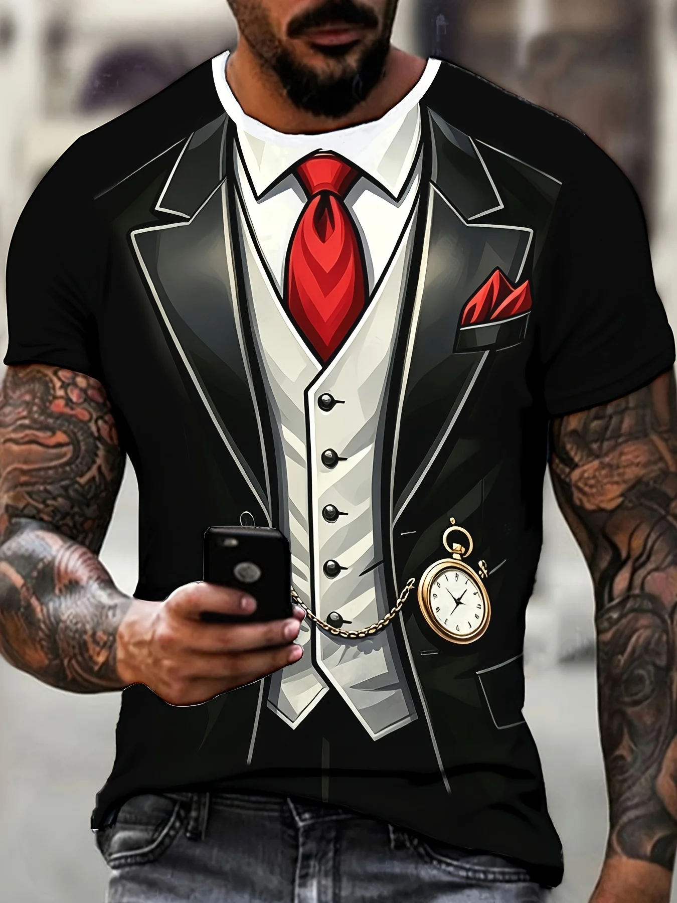 Men's Vintage Print T-Shirt – Faux-Tuxedo Design, Breathable Short-Sleeve Crew Neck – Machine Washable – Casual Party Wear