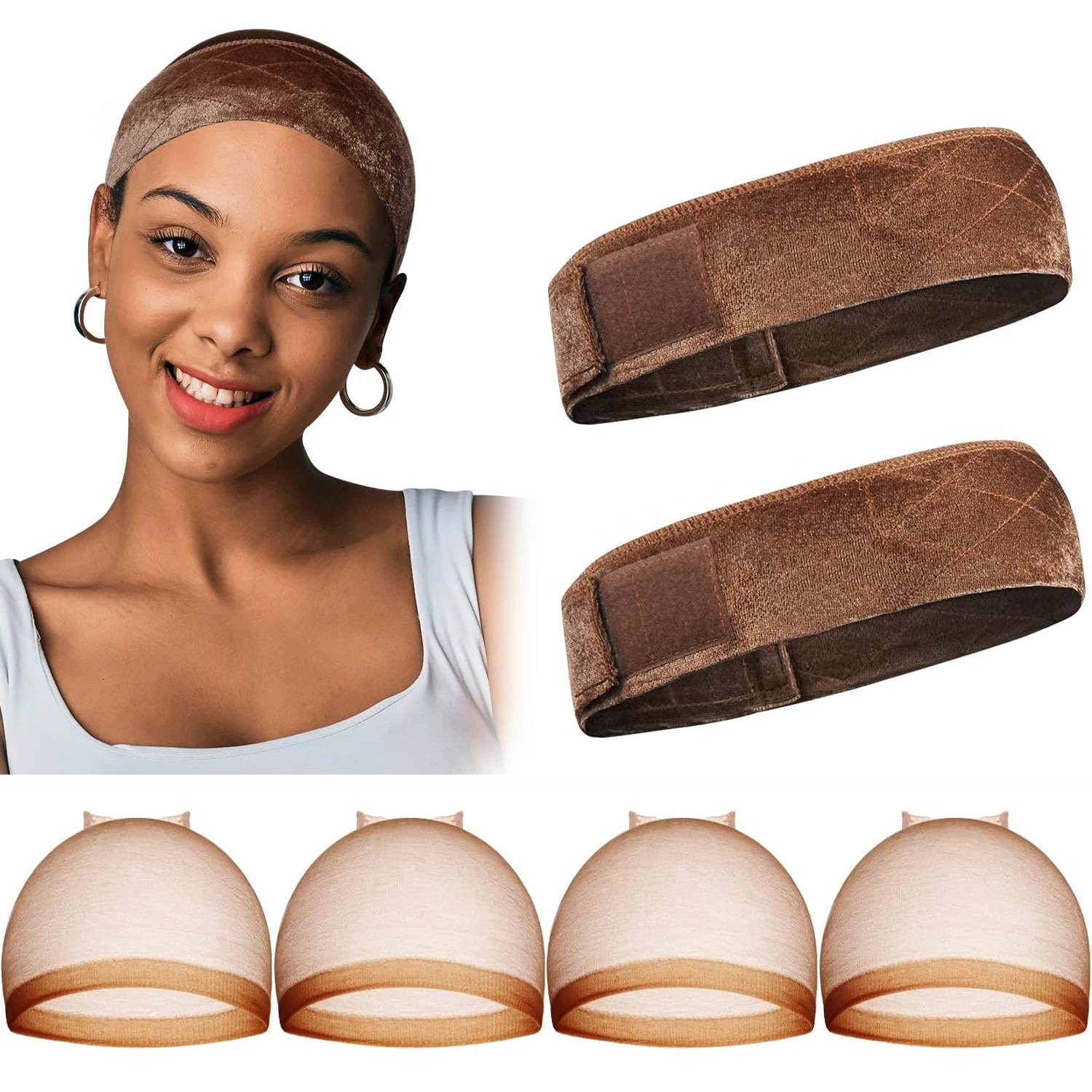 

2 Pack Velvet Wig Grip Band with 4 Caps, Adjustable No Slip Headband for Women,Soft Breathable Strap for Beginners & Daily Use