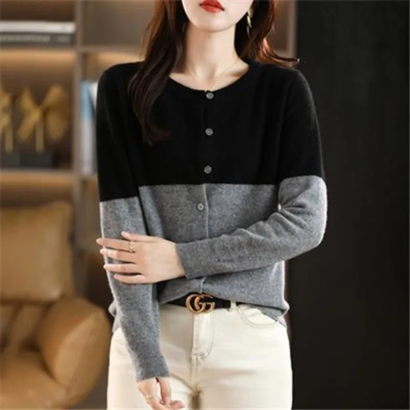 2023 Spring and Autumn Women\'s New Round Neck Knitted Single Breasted Cardigan Loose Color Matching Bottom Fashion Casual Tops