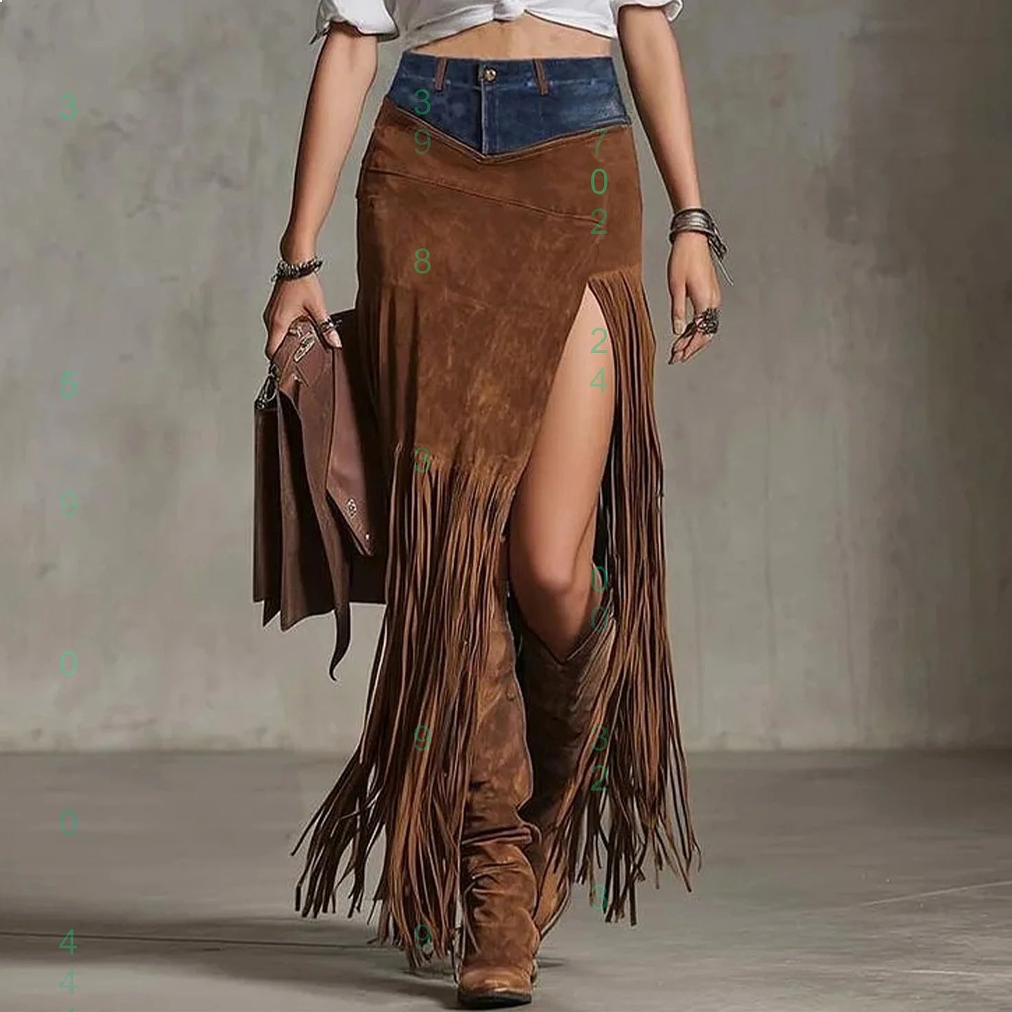 

Women's Bohemian Fringe Denim Skirt Midi Floral Embroidered Long Skirts Spring Summer