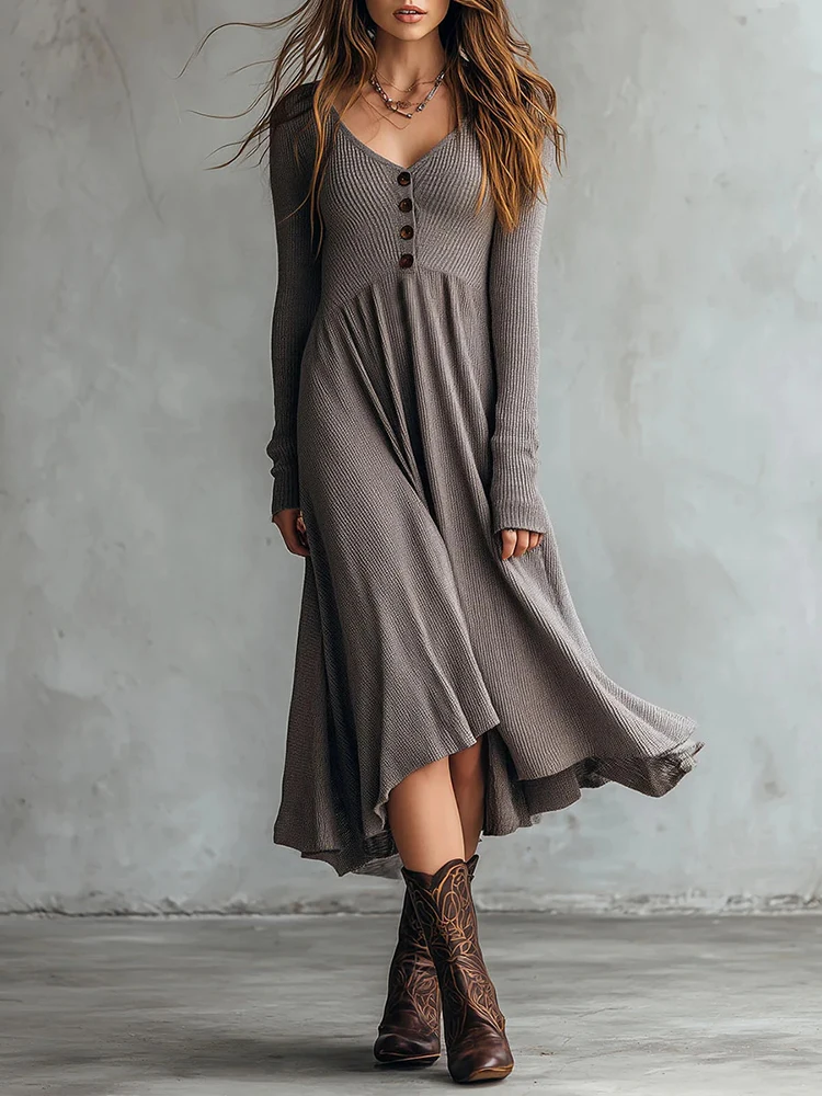 

autumn women's long sleeved casual style polyester material new fashionable V-neck pullover dress