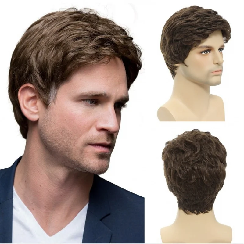 New European and American 's hairpiece, synthetic fiber men's wig, short brown business style