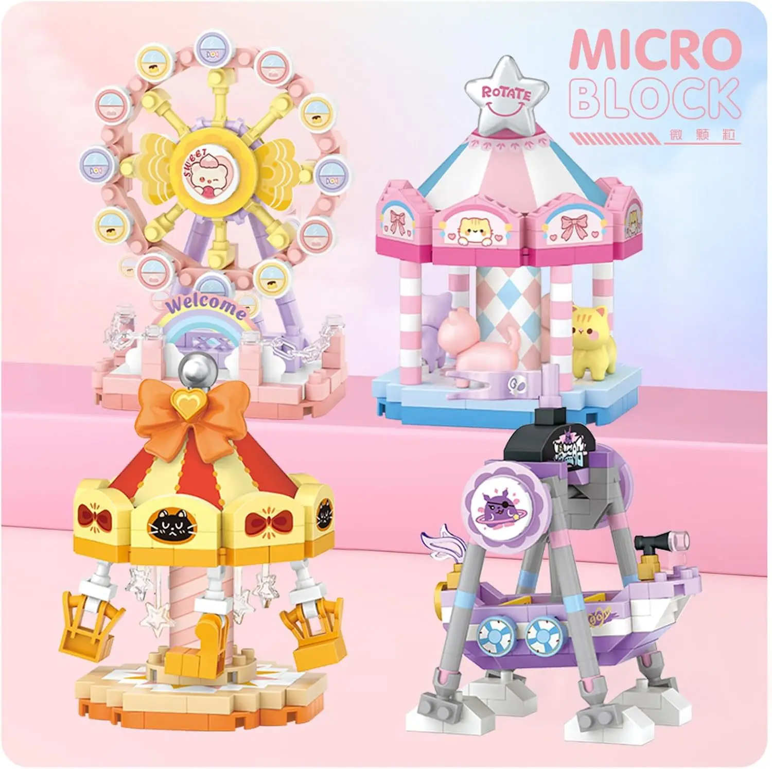 

iDEA Rides Building Brick Micro Diamond Block Pirate Ship Merry-go-round Ferris Wheel Flying Chair Toys For Kids Gift Nanobrick
