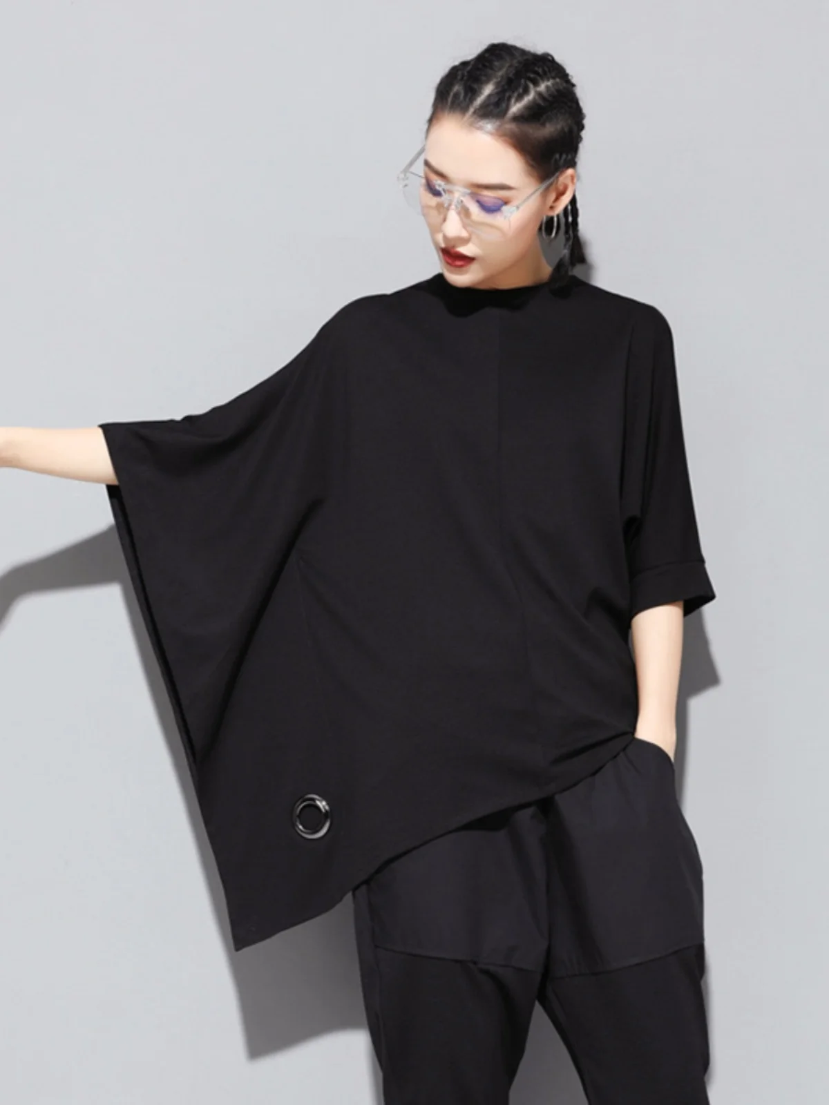 

Street Style Loose Fit Batwing Sleeve T-Shirt Women's Summer Trendy Asymmetrical Hem Five-Quarter Sleeve round Neck Top