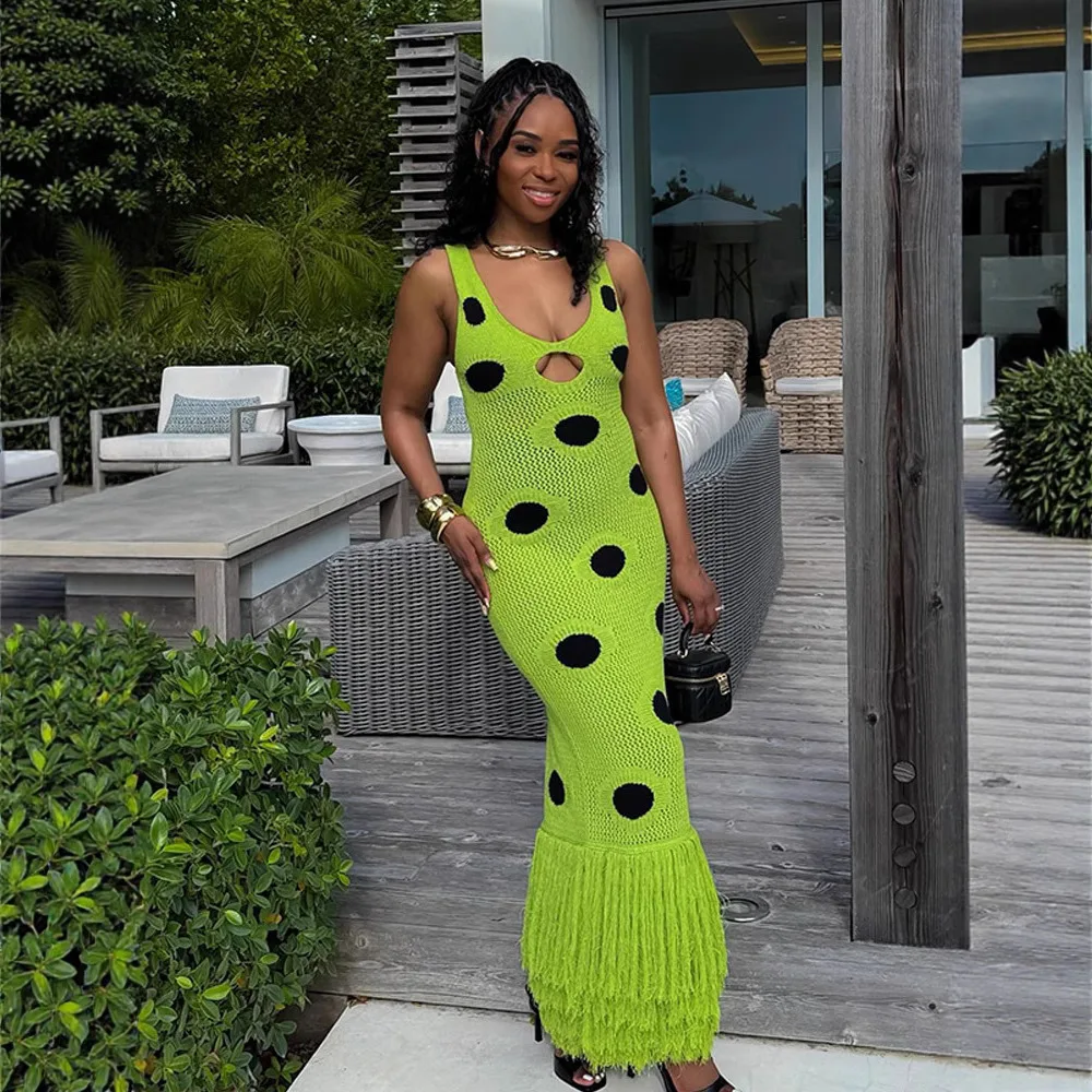 

2026 Summer Style Strap Knitted Bodycon Dress, Black with Polka Dots, Fringed Hem, Long Skirt