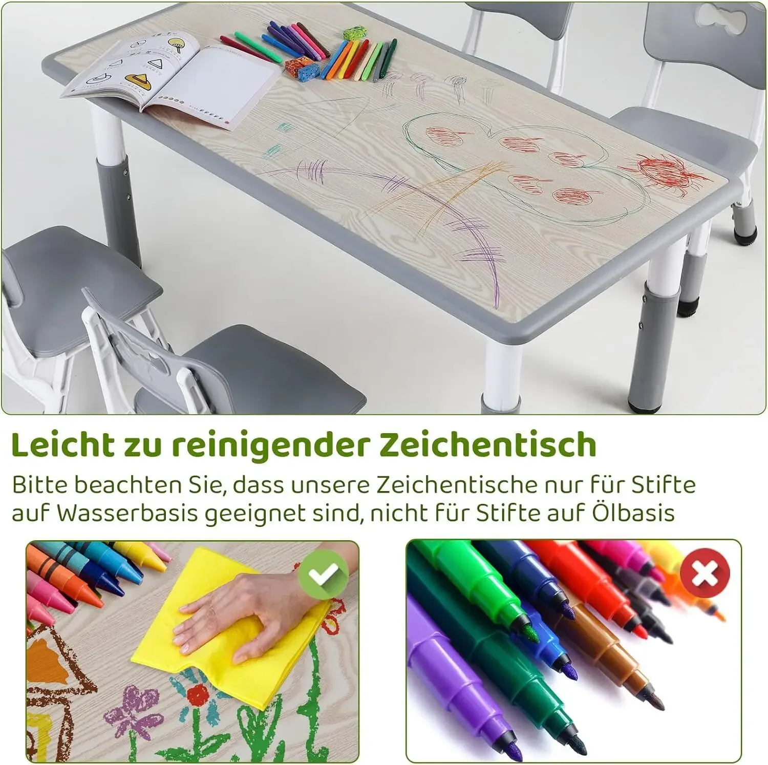 Kids Table and 4 Chairs Set Height Adjustable Toddler Multi-Activity Table Set Study Write, Play for Kids Child Table and Chair