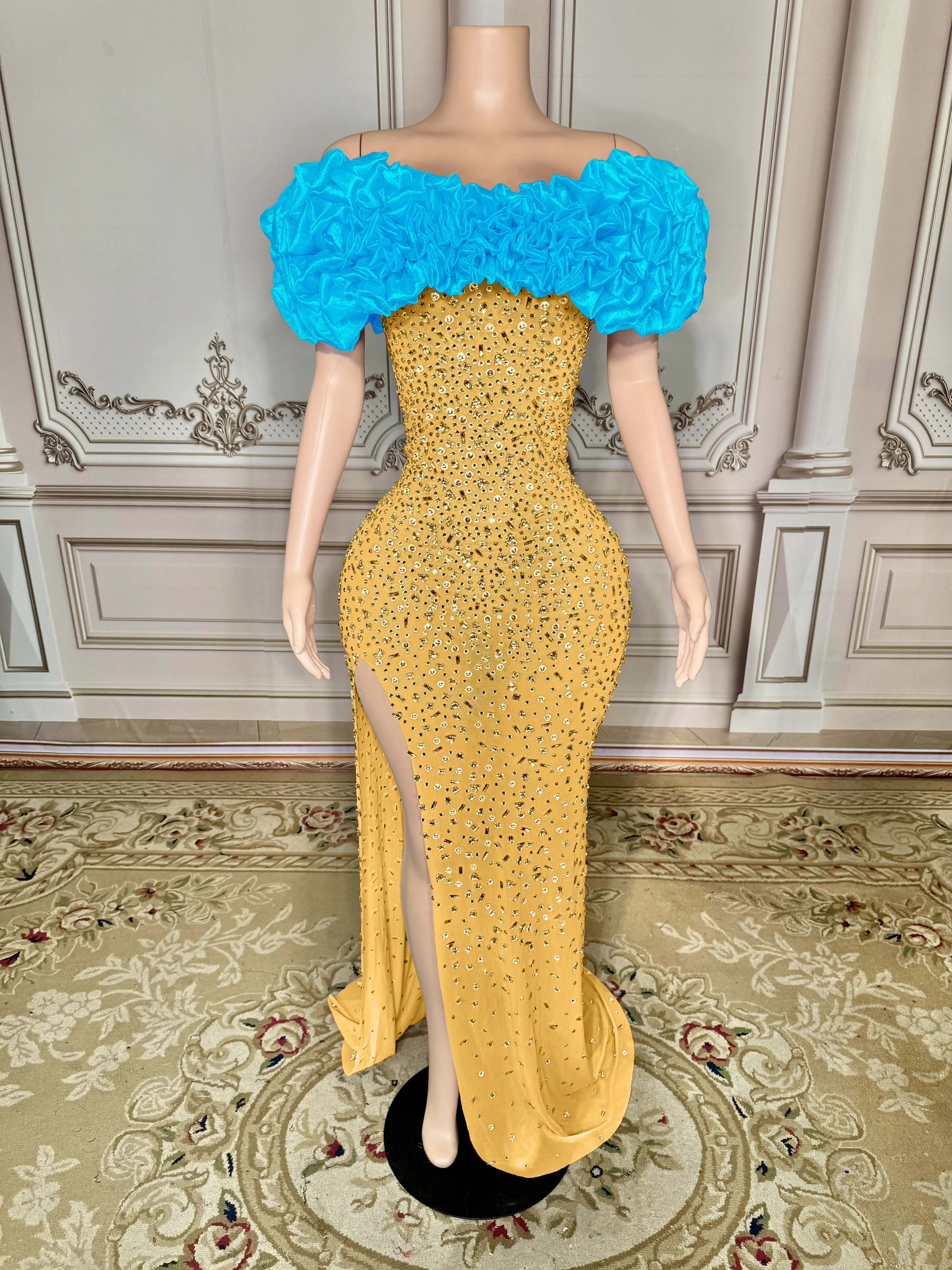 Brilhante pérola strass transparente vestido longo noite aniversário celebrar festa luxuoso traje dançarino piscando vestido