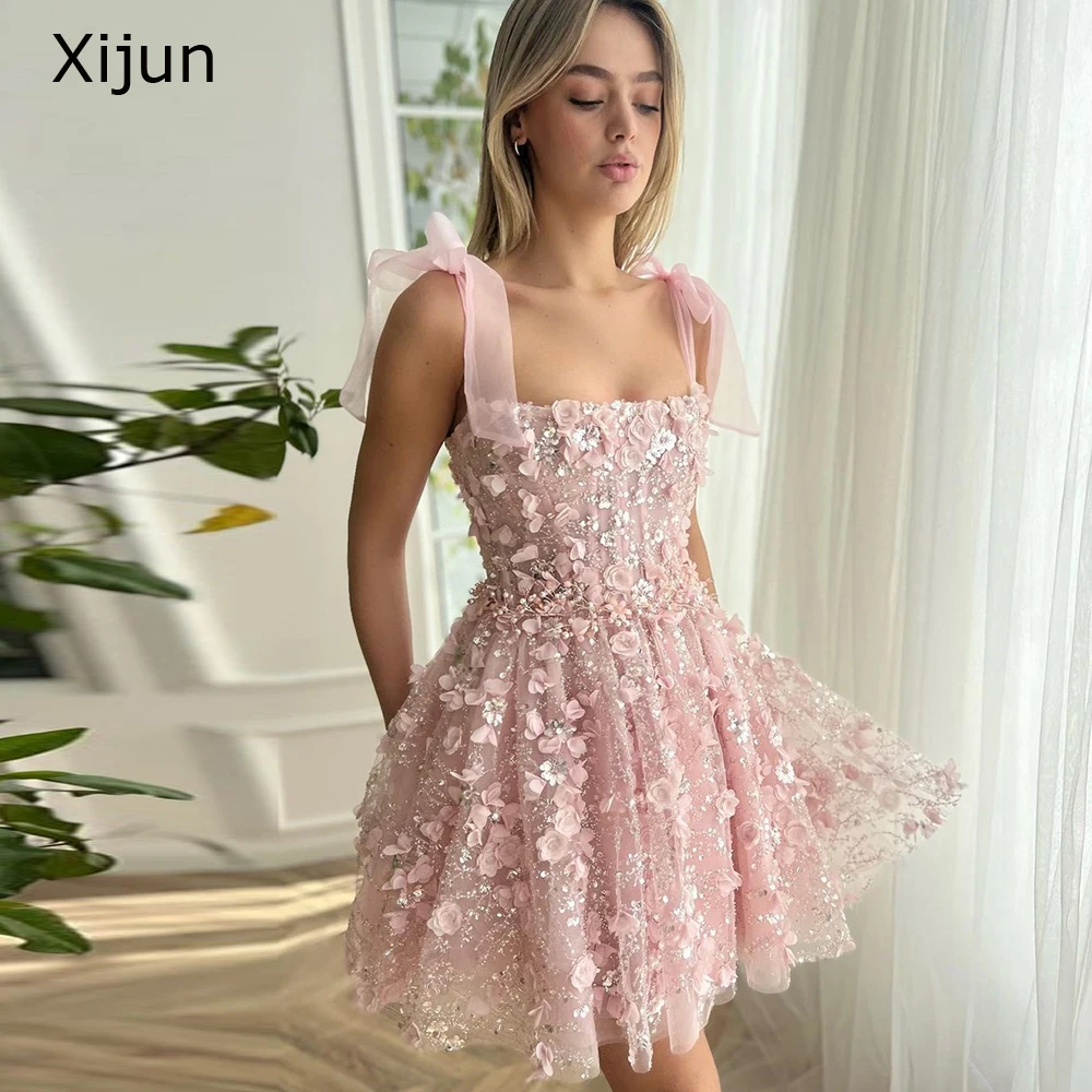 Xijun Exquisite Glitter Lace 3D Flowers Short Pink Prom Party Dresses For Wedding Sparkly Adjustable Straps Mini Cocktail Dress