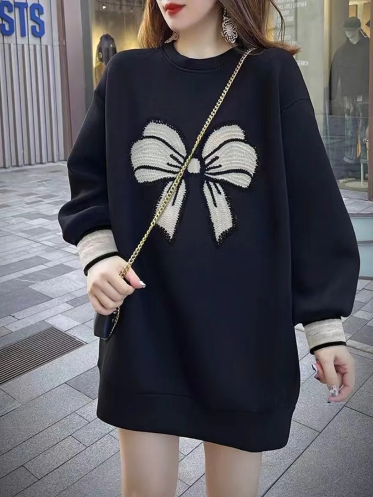 

plus Size 300 Pounds Mid-Length Oversized Sweatshirt with Knot Embroidery Autumn Winter Clothes for plus Size Women
