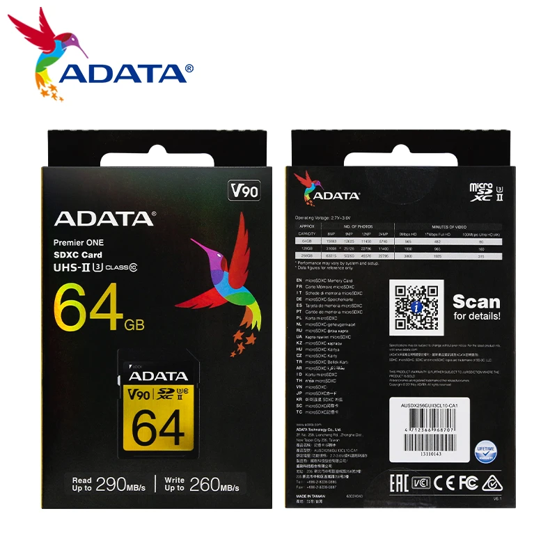 

SD-карта ADATA SD4.0 R/W, 64 ГБ, скорость до 290/260 МБ/с, 3D видео, 4K, 8K, Ultra HD, SDXC, UHS-II U3, C10, V90, карта памяти для DSLR-камер