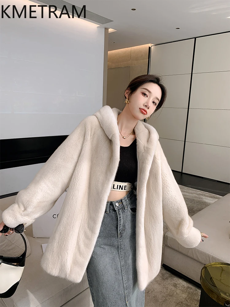 100% 순수 밍크 퍼 코트 여성 고급 중간 길이 리얼 퍼 재킷 후드 고품질 겨울 여성 의류 퍼 재킷 2025